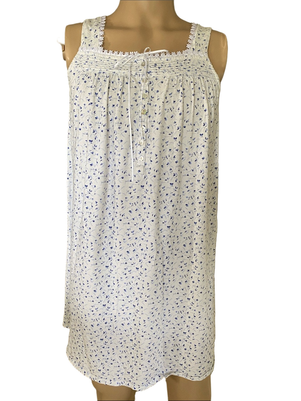 Eileen West knit White Nightgown with Blue Floral Print